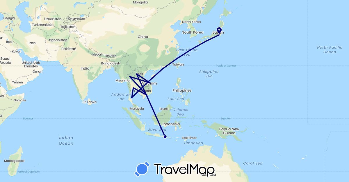 TravelMap itinerary: driving in China, Indonesia, Japan, Laos, Thailand, Vietnam (Asia)